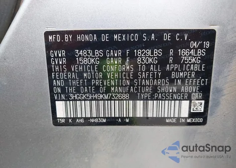 2019 Honda Fit Lx z USA, uszkodzony, nr VIN 3HGGK5H49KM732688